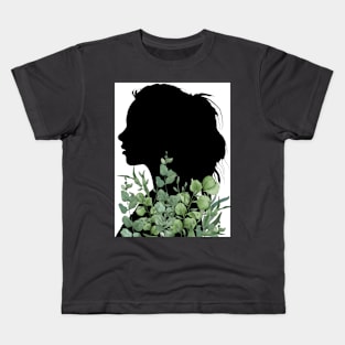 A girl's silhouette with watercolor plants Kids T-Shirt